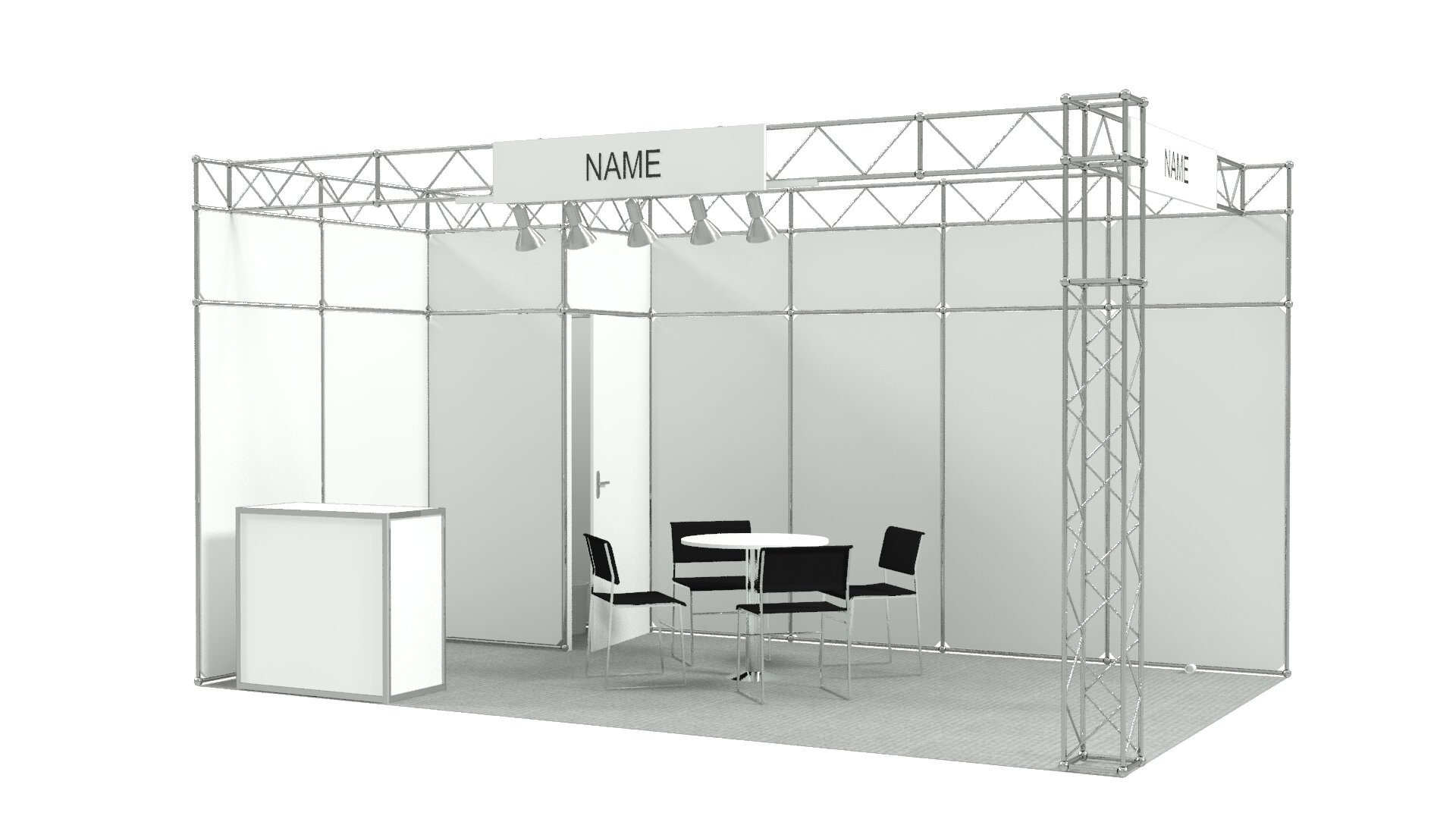 Gerenderte Ansicht eines Messestands mit weißen Wänden, einem Tisch mit Stühlen und einer Theke. Darüber ist ein Schild mit einem Platzhalternamen angebracht.