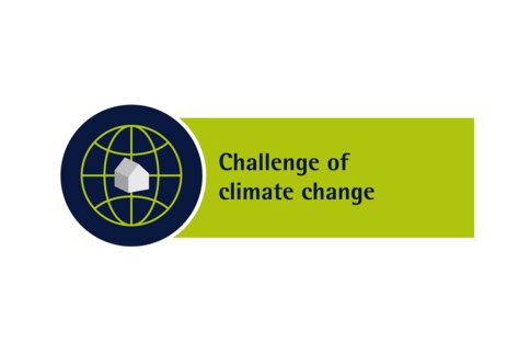Challenge of climate change lettering in dark blue on green. To the left is a blue circle with a green globe and a white house in the center.