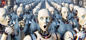 Rows of surprised-looking robots in an industrial plant under a yellow warning sign with the words 