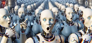 Rows of surprised-looking robots in an industrial plant under a yellow warning sign with the words 