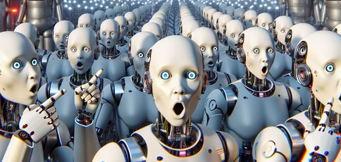Reihen überrascht blickender Roboter in einer Industrieanlage unter einem gelben Warnschild mit der Aufschrift 