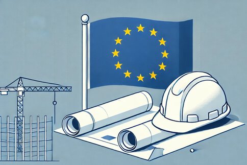 Crane and construction plans with hard hat; the flag of the European Union in the background.