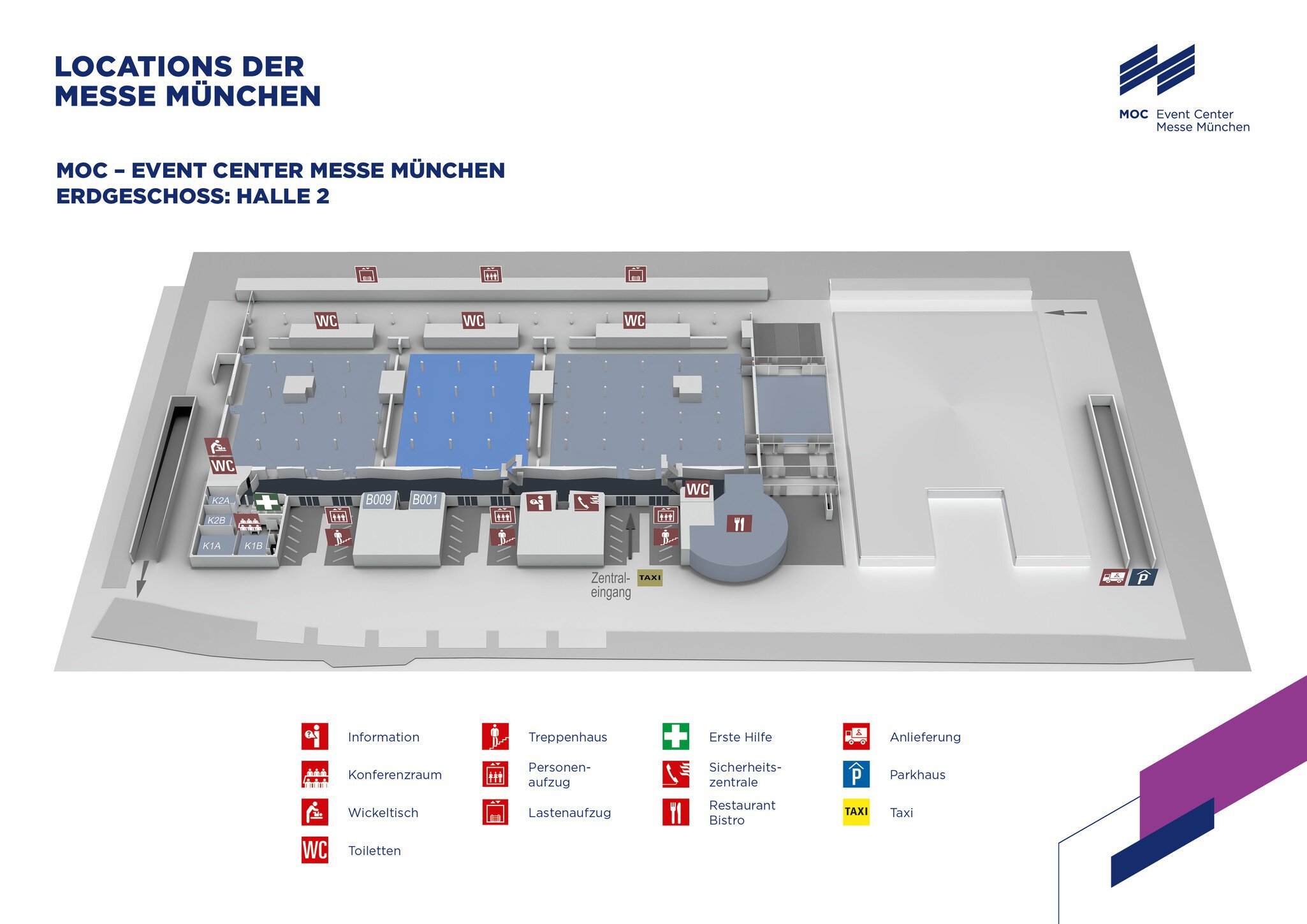 3D-Grundriss der Halle 2 der Messe München mit beschrifteten Räumen, Einrichtungen, Eingängen und einer Legende für Symbole wie Toiletten, Aufzüge und Parkplätze.