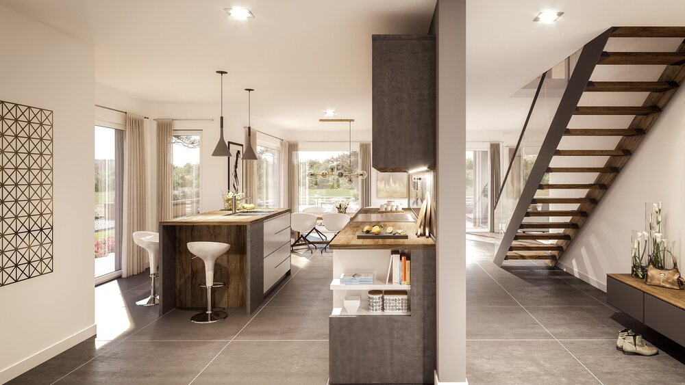 Moderner offener Küchen- und Wohnbereich mit eleganter Einrichtung, großen Fenstern und einer Treppe in die obere Etage.