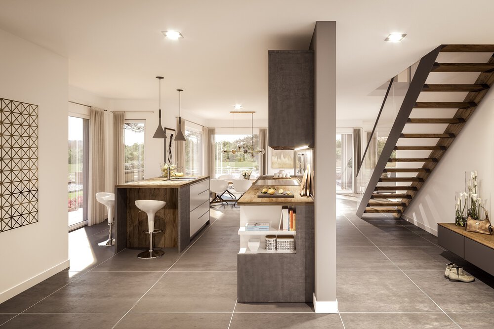 Moderner offener Küchen- und Wohnbereich mit eleganter Einrichtung, großen Fenstern und einer Treppe in die obere Etage.