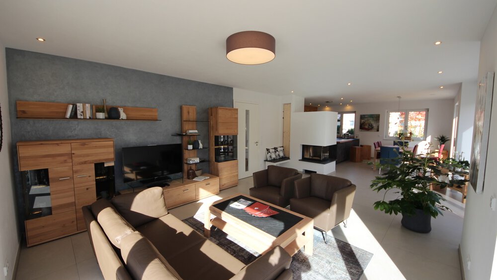 Blick in einen weitläufigen Wohnbereich mit Sofagarnitur, Fernseher, Pflanze, Kamin, Essbereich und eine Küche im Anschnitt.