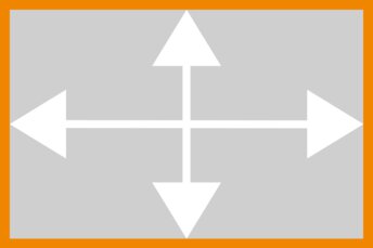 Weiße Vierwegepfeile auf grauem Hintergrund, umgeben von einer orangefarbenen Umrandung.