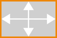Weiße Vierwegepfeile auf grauem Hintergrund, umgeben von einer orangefarbenen Umrandung.