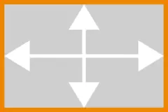 Weiße Vierwegepfeile auf grauem Hintergrund, umgeben von einer orangefarbenen Umrandung.