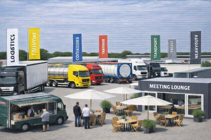 AI-generated illustrative image of a logistics exhibition area with multiple trucks parked in front of buildings and flags labeled logistics, containers, trailers, transport, and heavy duty, with a meeting lounge, outdoor seating, and a food truck. Symbolic image.