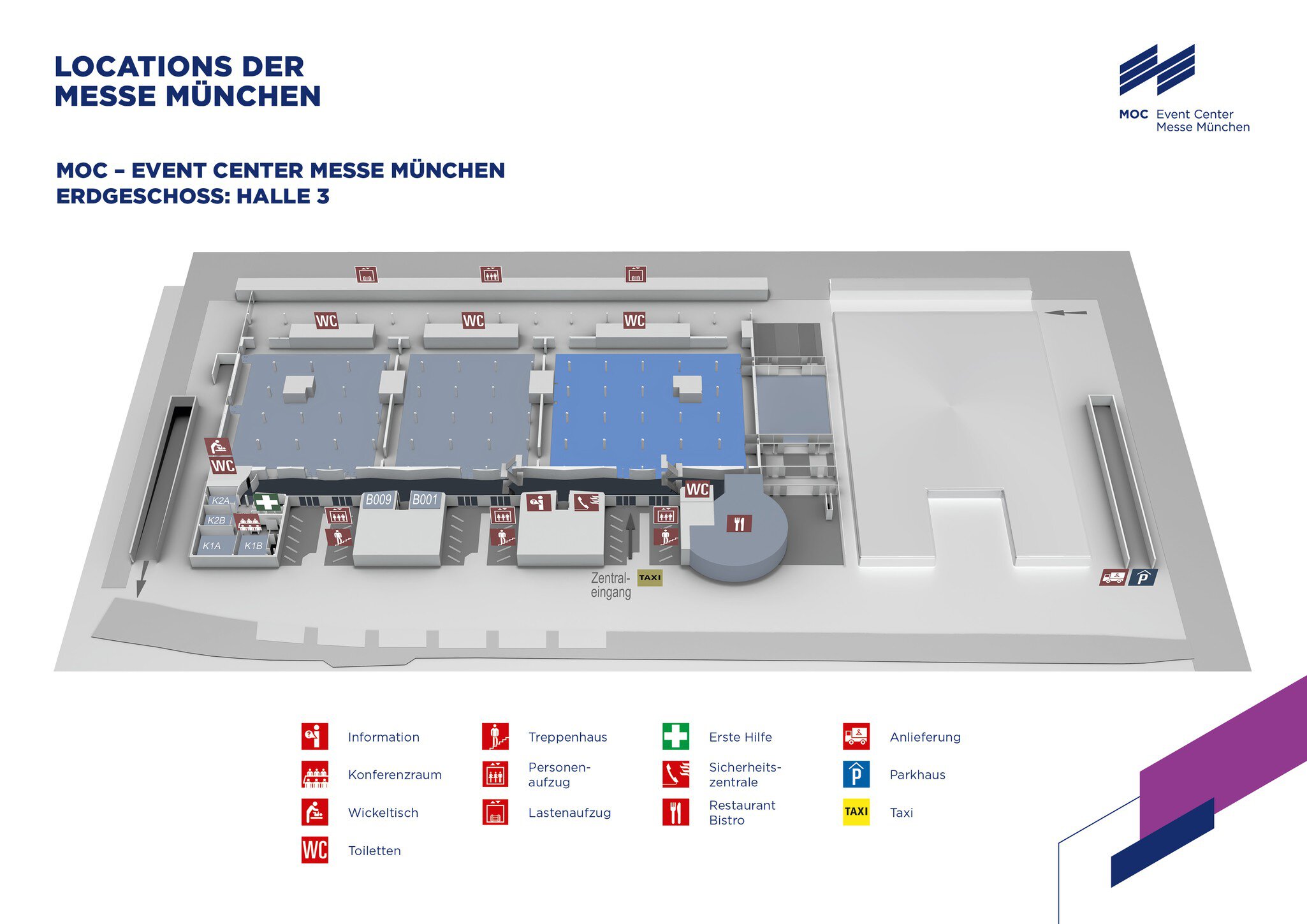 3D-Grundriss der Halle 3 der Messe München mit Symbolen für Informationen, Toiletten, Treppen, Aufzüge, Restaurants, Konferenzräume, Parkplätze, Erste Hilfe und Ausgänge.