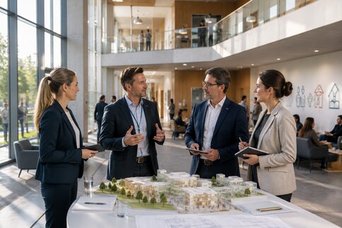 Projektentwickler und Investoren diskutieren ein Quartiersprojekt im Bereich soziale Infrastruktur