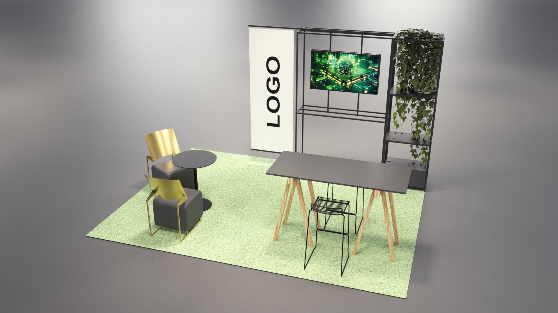 electronica edge lab LIVE exhibition booth featuring wooden structures, greenery, and modular presentation areas.