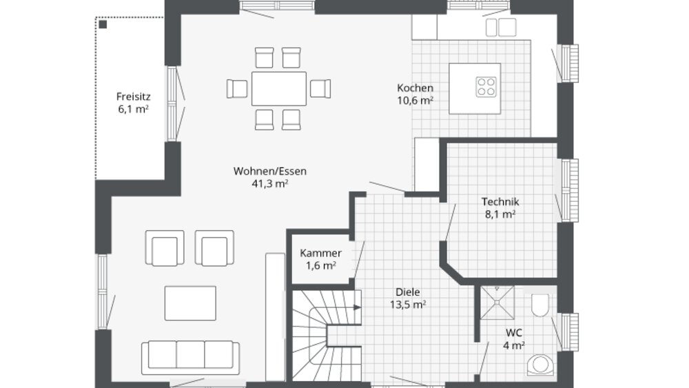 Grundriss eines Hauses mit Küche, Wohn-/Essbereich, WC, Abstellraum, Hauswirtschaftsraum und Außenbereich.