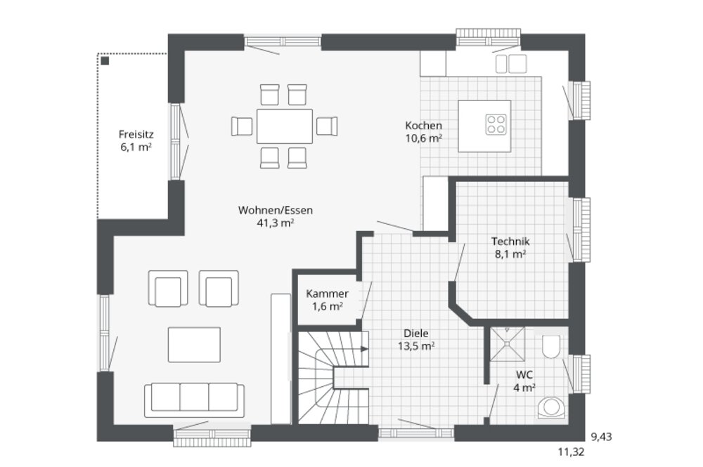 Grundriss eines Hauses mit Küche, Wohn-/Essbereich, WC, Abstellraum, Hauswirtschaftsraum und Außenbereich.