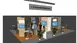 Messestand mit „Connected Machines“-Schild, Bildschirmen, Tischen, Hockern und Topfpflanzen.