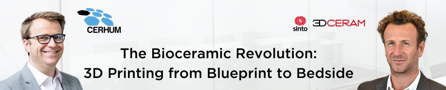 Banner advertising bioceramic 3D printing with two logos and portraits of two men on both sides.