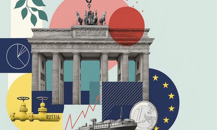 Bilder Collage mit dem Brandenbruger Tor, einer Gsleitung, einem Containerschiff und einer 1-Euro Münze sowie den Sternen aus dem Europa-Logo