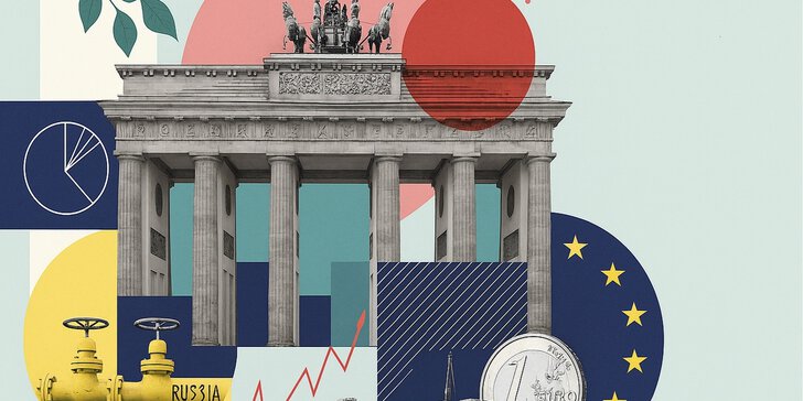 Bilder Collage mit dem Brandenbruger Tor, einer Gsleitung, einem Containerschiff und einer 1-Euro Münze sowie den Sternen aus dem Europa-Logo