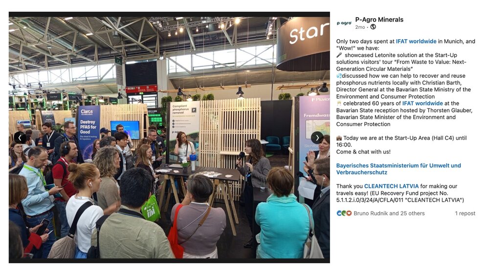 LinkedIn-Beitrag von P-Agro Minerals mit einer Produktpräsentation in der IFAT Munich Startup Area.