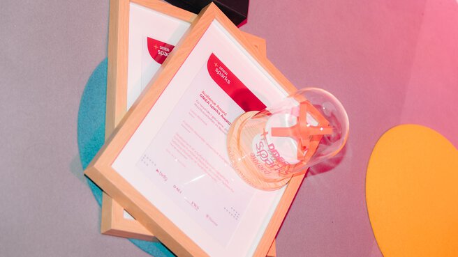 Certificate and trophy of a DMEA sparks award shown in close-up