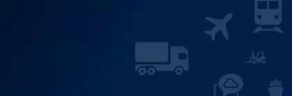 Dark blue background gradient with various icons: A truck, an airplane, a train, a forklift, a ship and a laptop.