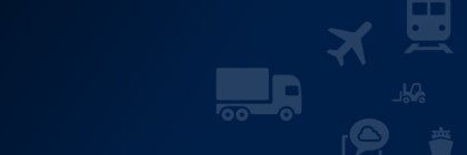 Dunkelblauer Hintergrundverlauf mit verschiedenen Icons: Ein LKW, ein Flugzeug, ein Zug, ein Gabelstapler, ein Schiff und ein Laptop.