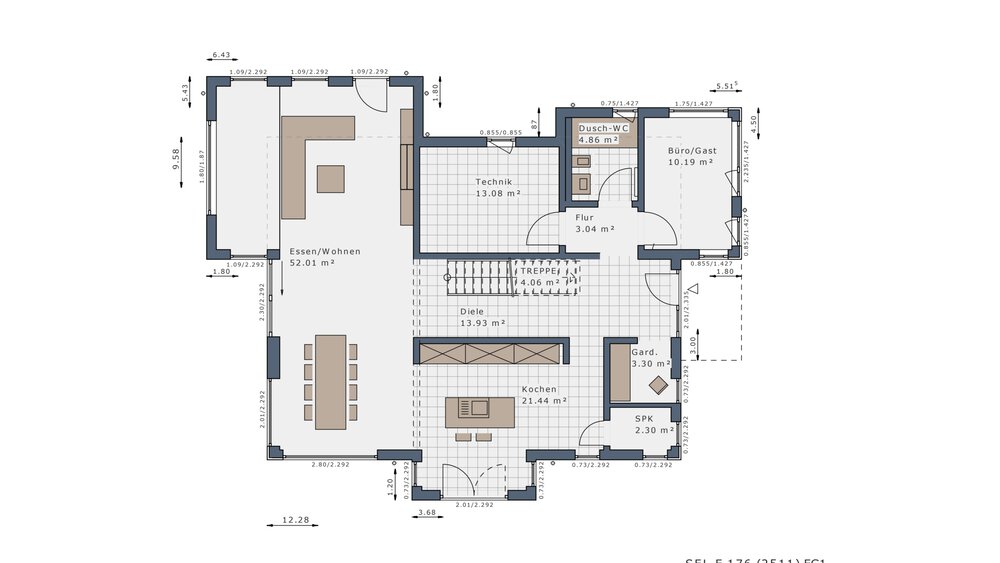 Ein Grundriss mit mehreren Räumen, darunter eine Küche, ein Wohnzimmer und zwei Schlafzimmer.