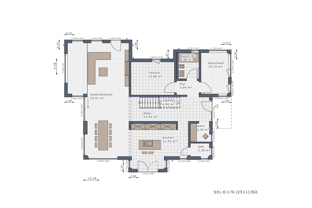 Ein Grundriss mit mehreren Räumen, darunter eine Küche, ein Wohnzimmer und zwei Schlafzimmer.