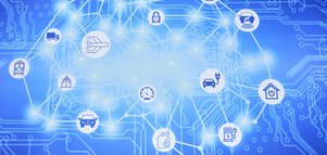 Illustration von einem Netzwerk aus Icons auf weißen Kreisen die mit leuchtend weißen Linien verbunden sind, vor einem technisch anmutenden blauen Hintergrund.