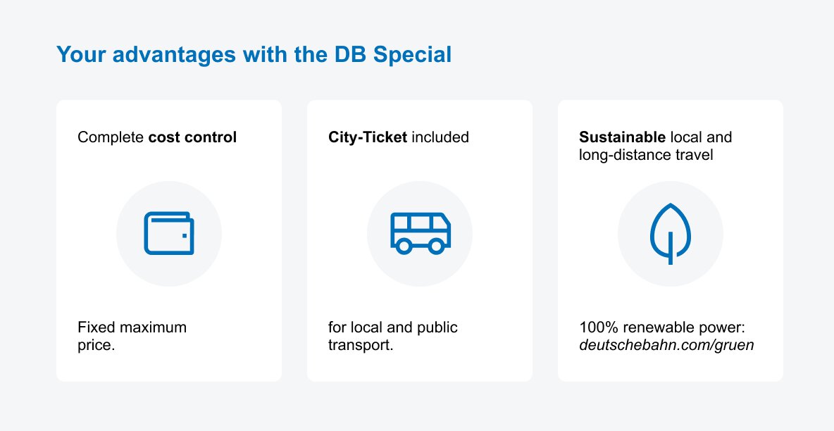 Infographic on DB Special benefits: Cost control, City Ticket included, sustainable travel with 100% green electricity.