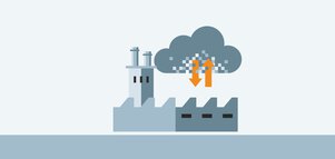 The graphic of a factory in different shades of gray and with a gray stripe underneath. Orange arrows point to and from a cloud above the factory.