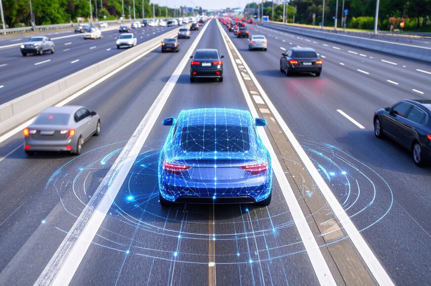 Ein autonomes Auto fährt auf einer mehrspurigen Autobahn zwischen anderen Fahrzeugen. Über dem blauen Fahrzeug sind digitale Sensor- und Netzwerkgrafiken eingeblendet, die die Technologie für autonomes Fahren und Fahrzeugerkennung visualisieren.