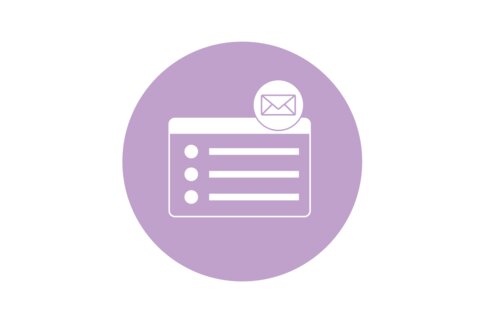 Symbol einer Adresskarte mit einem Umschlagsymbol rechts darüber, auf einem violetten Kreis.
