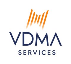 The VDMA SERVICES logo in dark blue lettering with six orange lines slanting upwards, reminiscent of a stylised bow tie.