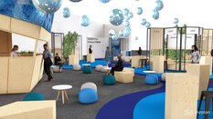 Rendered view of the “Spotlight Area Hydrogen Forum”. A modern lounge with chairs, small tables and scattered small exhibition stands.