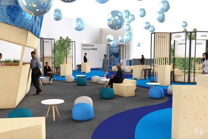 Rendered view of the “Spotlight Area Hydrogen Forum”. A modern lounge with chairs, small tables and scattered small exhibition stands.