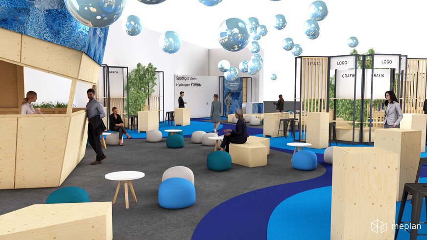 Rendered view of the “Spotlight Area Hydrogen Forum”. A modern lounge with chairs, small tables and scattered small exhibition stands.