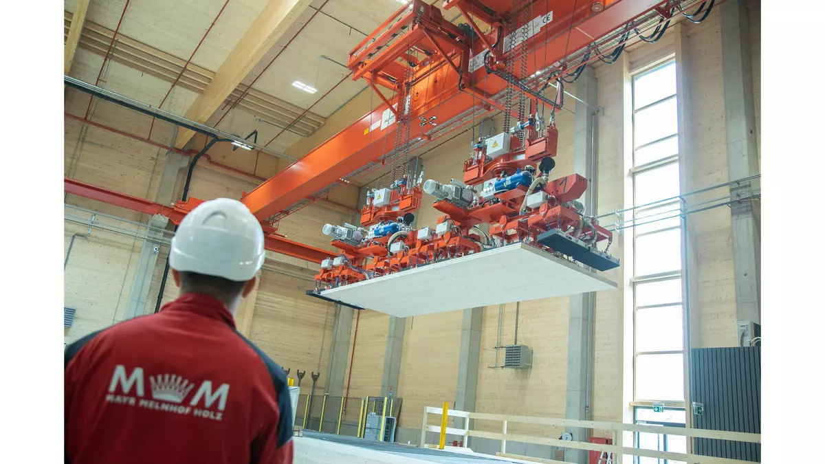 After finishing, the cross laminated timber is transported to the packaging area by vacuum crane
Photocredit: Morgenstern