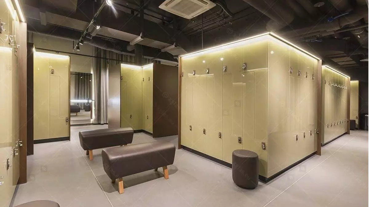 120 modern lockers with colored MDF and CNC-cut glass doors featuring ceramic enamel. The space-maximizing design includes hanger bars, ventilation, shelves, and LED lighting for comfort.