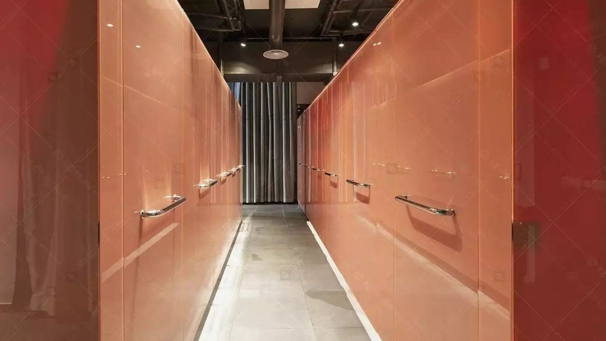 120 modern lockers with colored MDF and CNC-cut glass doors featuring ceramic enamel. The space-maximizing design includes hanger bars, ventilation, shelves, and LED lighting for comfort.