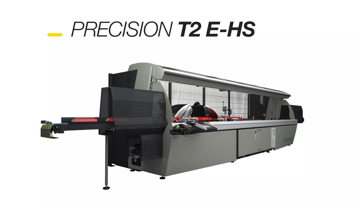 Doppelgehrungssäge mit 5 CNC-Achsen für Aluminium, PVC und Leichtmetalllegierungen mit automatisch ausfahrbarem Schneidaggregat und elektronischer Steuerung aller Gehrungen von 45° (innen) bis 15° auß